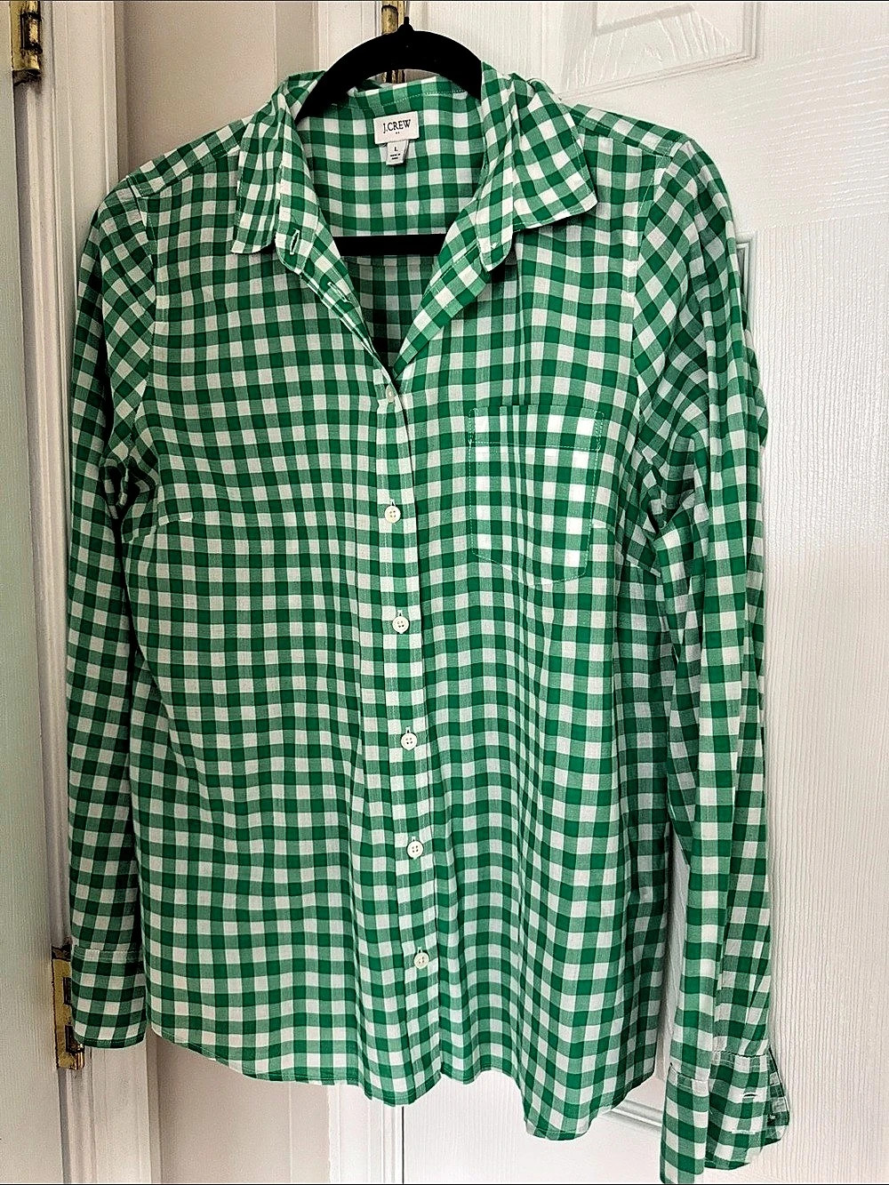 J.CREW Gingham Classic Button-Down Shirt in Green & White Large